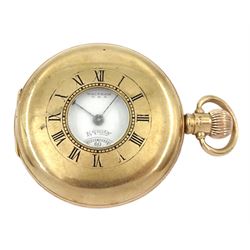 Early 20th century 9ct gold keyless 'Equality' lever half hunter pocket watch by Waltham Watch Company, white enamel dial with Arabic numerals and subsidiary seconds dial, back case monogramed, case by Dennison, Birmingham 1923