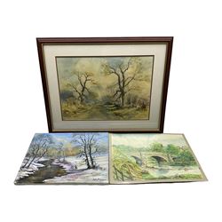 Stanley Ernest Dollimore (British 1915-2001): Snowy River Landscape, oil on canvas signed 30cm x 40cm; Tom Sykes (British 20th century): Trees near Denton and Tree Landscape, pastel and watercolour signed, inscribed verso max 33cm x 48cm; Donald Waite (British 20th century): Old Toll Bridge, watercolour signed 28cm x 39cm (4)