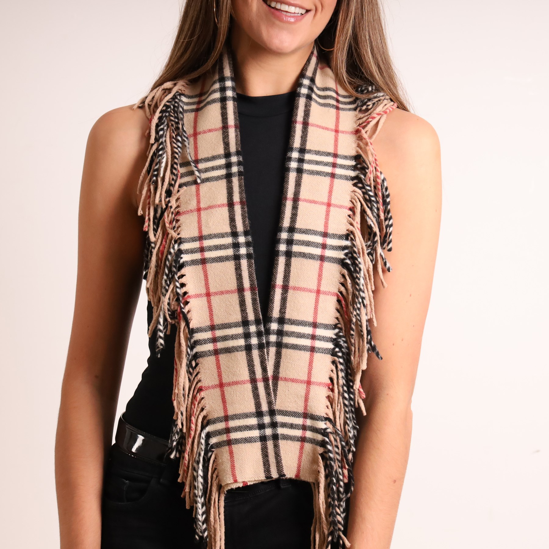 Burberry - classic check cashmere scarf, in beige, black and red colourway, with fringed ends