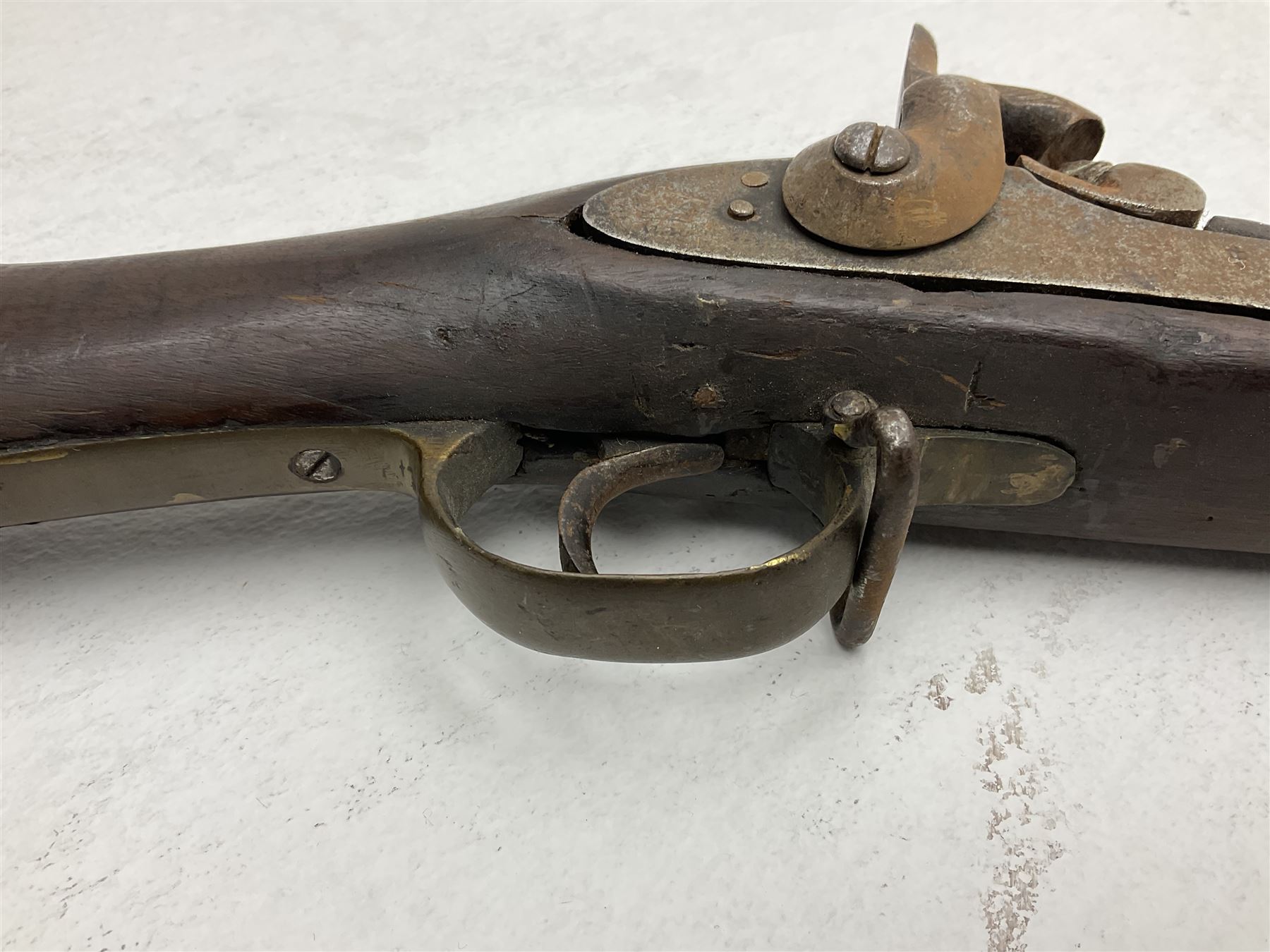 20th century Indian percussion military musket, approximately 20-bore, the 96.5cm barrel with three bands, the steel lock-plate marked 1862 Enfield, walnut full stock with brass fittings and under barrel ramrod channel L140.5cm overall