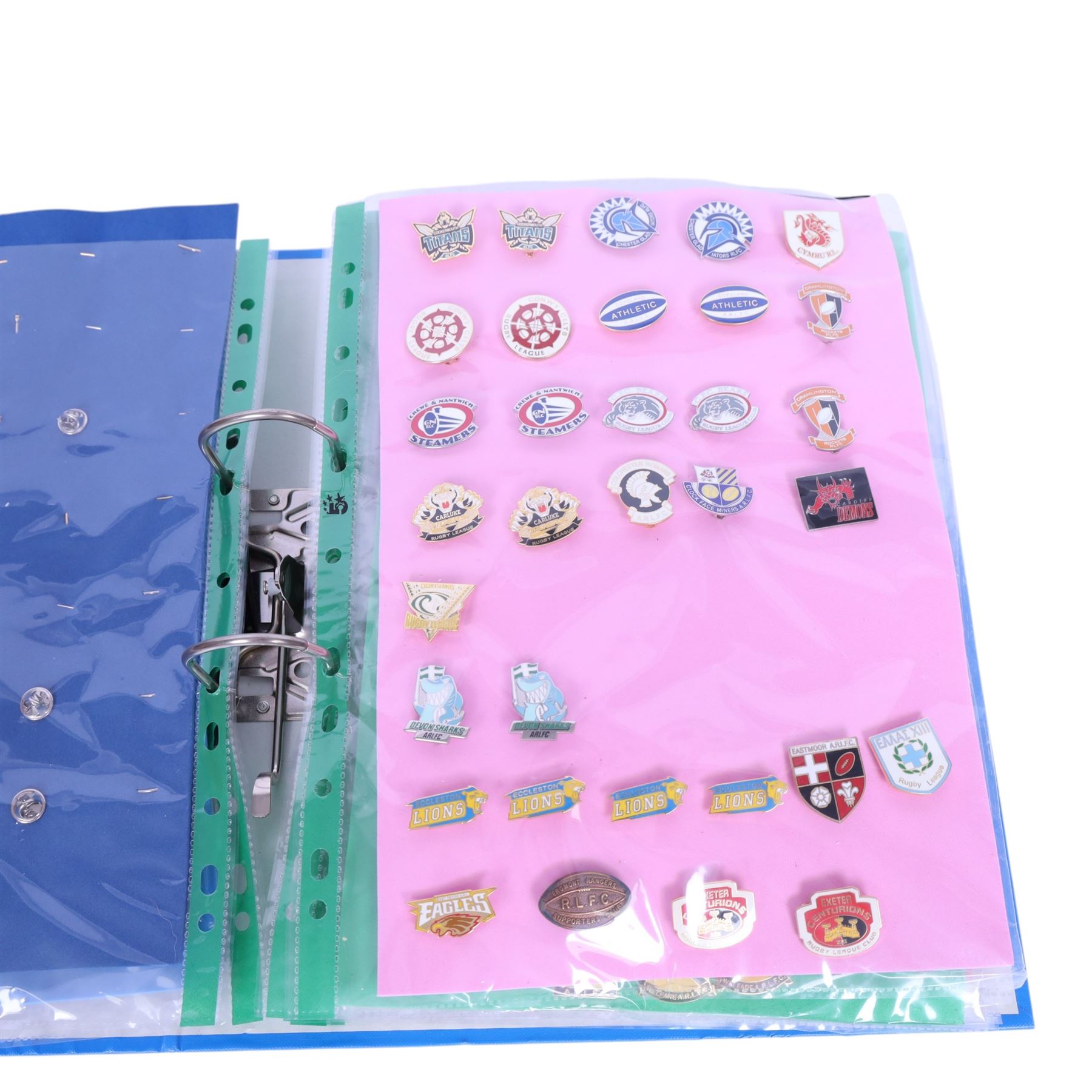 Amatuer Rugby League club enamel badge collection, from teams including Hull Wyke, Sheffield Forgers, London Griffins, Medway Dragons, Hillfoot Rams, Fife Lions, Conwy Celts, Carluke, Devon Sharks, Brotherton Bulldogs, Aspatria Hornets, Army XIII, Bristol Sonics, etc, housed in one folder, (approximately 320)