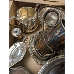Silver plated items, including coffee pot with bone finial, set of six cased teaspoons and sugar tongs, twin handled cup, tankards, bottle coasters and sauce boat, together with pewter tankard and other metal ware