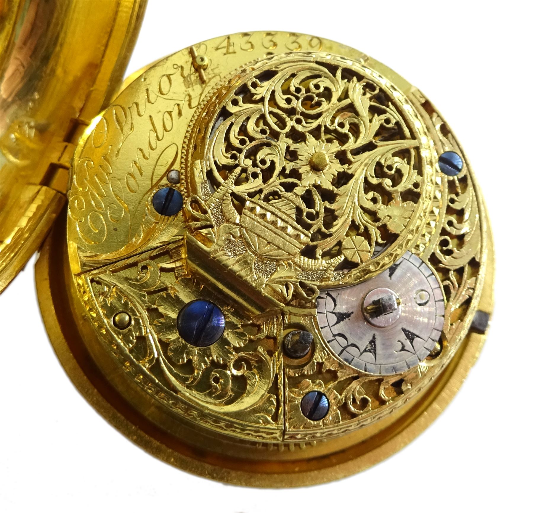19th century silver-gilt pair cased verge fusee pocket watch for the Turkish market by Edward Prior (London 1800-1868), No. 43339, tulip pillars, pierced and engraved balance cock decorated with a classical urn, white enamel dial with Turkish numerals, beetle and poker hands and bull's eye glass