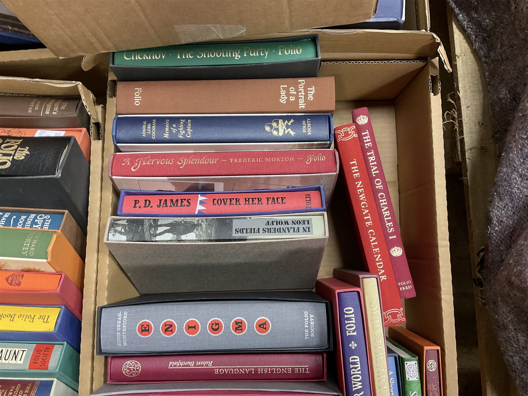 Large collection of Folio Society society books on various subjects, including Pepys Diary 1660-1669 in 3 volumes, Shakespeare eight volumes, Catherine the Great, Enigma etc, in six boxes 