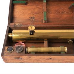 19th century lacquered brass refracting telescope by Bateman & Branches, 104 Strand London, upon a folding tripod with four eyepieces and within a wooden case, telescope L