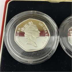 The Royal Mint United Kingdom 1994 silver proof piedfort fifty pence two coin set, including dual dated 1993/1994 EEC fifty pence, cased with certificate 
