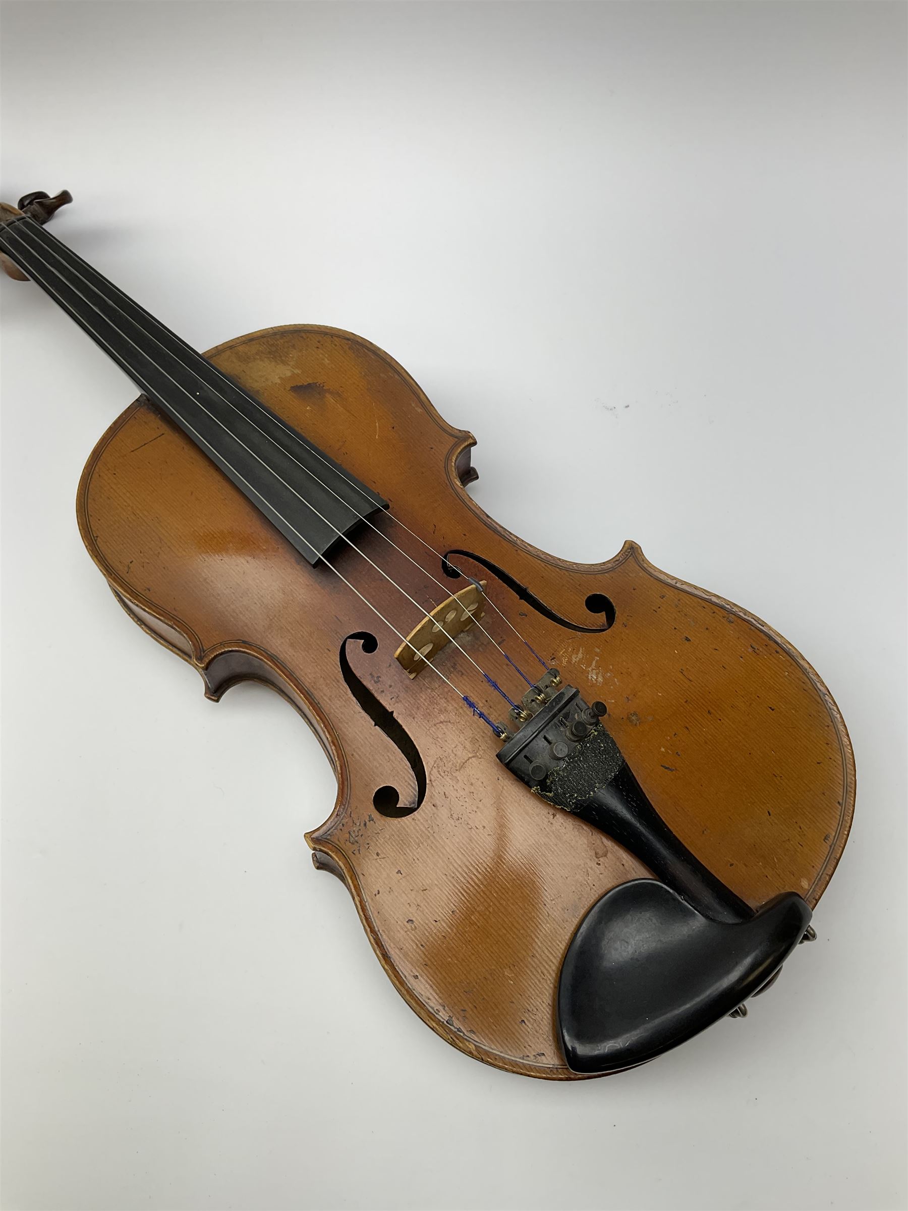 French Mirecourt violin c1920s with 36cm one-piece maple back and ribs and spruce top, labelled Jermone Thibouville-Lamy, L59cm, in fitted carrying case with German bow and 1984 valuation certificate by Frome Valley Music