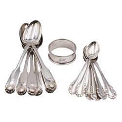 Set of six Victorian silver Fiddle Shell pattern teaspoons, hallmarked William Eaton, London 1841, together with a set of six George Jensen silver coffee spoons, hallmarked Stockwell & Co, London import 1924, 1925, 1928 and 1931, also marked with George Jensen mark circa 1910-1925, and stamped 925S, and a mid 20th century silver napkin ring, hallmarked Charles S Green & Co Ltd, Birmingham 1957, approximate total weight 7.66 ozt (238.2 grams)