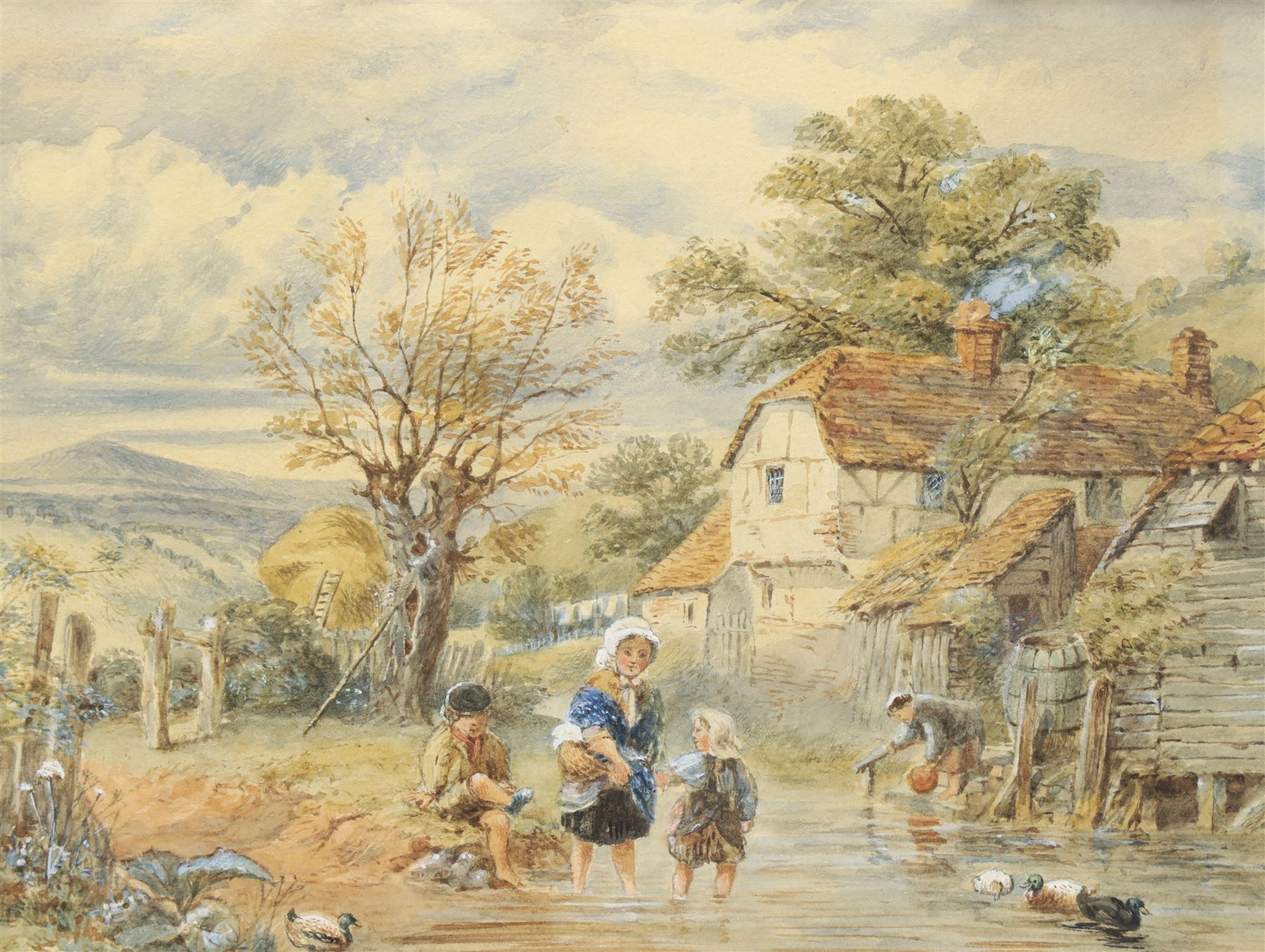 Manner of Myles Birket Foster (British 1825-1899): Children Playing in Stream by a Cottage, watercolour faintly signed 17cm x 23cm