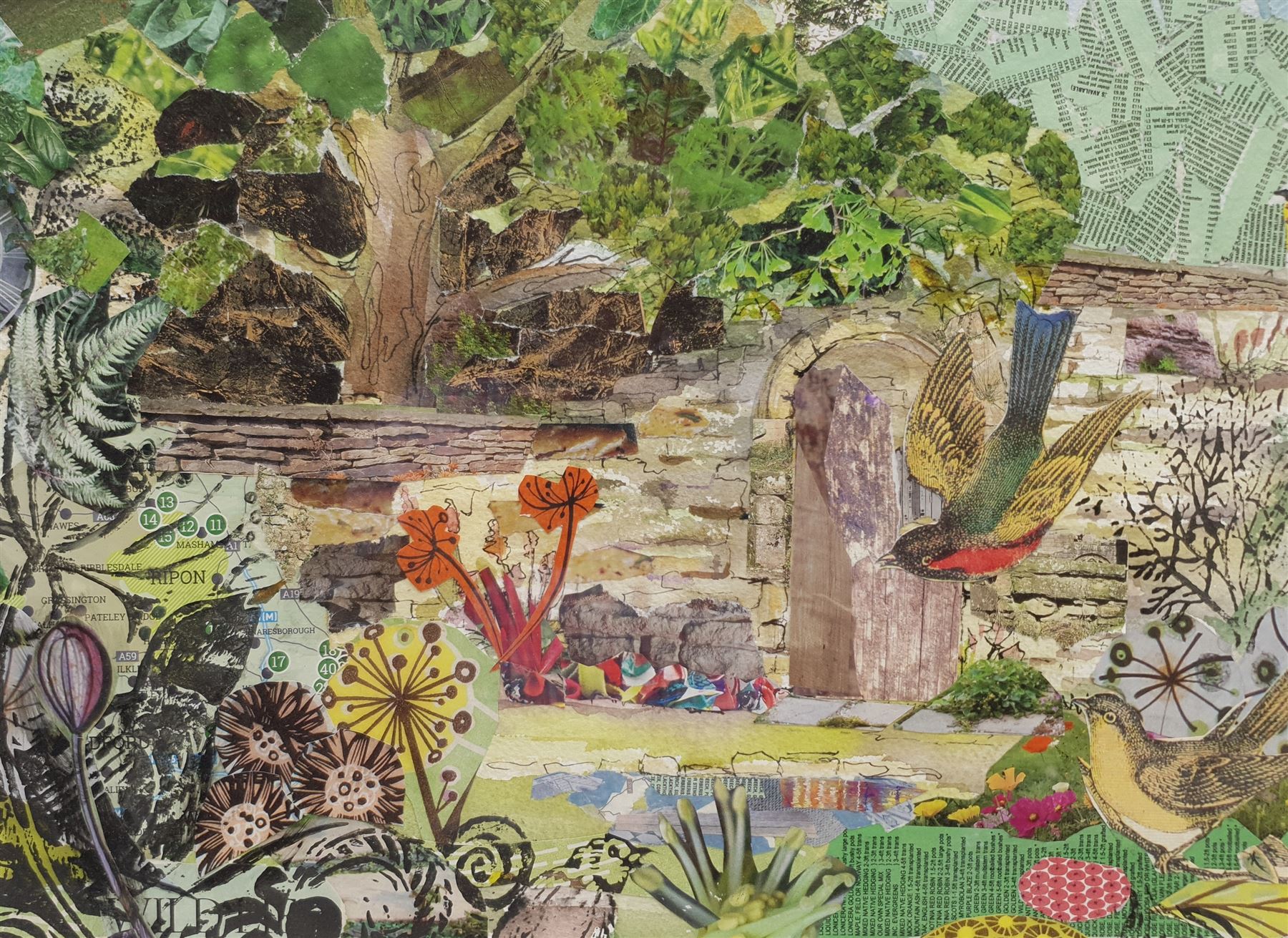Penny Wicks (British 1949-): 'The Secret Garden Masham', mixed media collage 27cm x 37cm