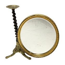 Mahogany candle stand, with small brass dish supported on barley twist column and three brass cabriole legs, together with an oval gilt mirror 