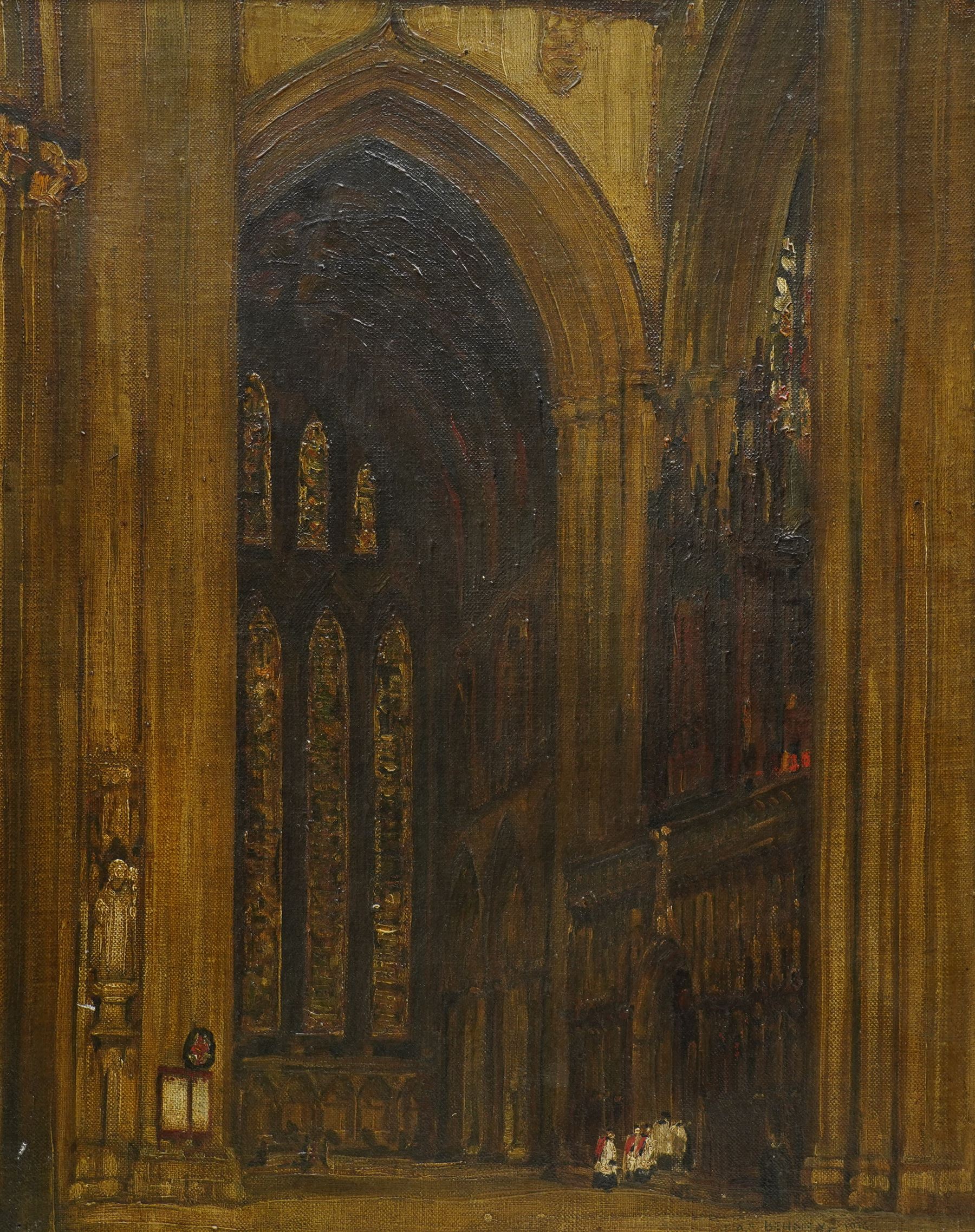 Ernest Alfred Sallis Benney (British 1894-1966): Interior of York Minster looking towards the Seven Sisters Window, oil on canvas signed and dated 1916, 49cm x 39cm 