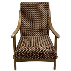 Mid-20th century easy open armchair, upholstered in patterned neutral fabric
