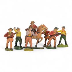 Elastolin and similar cowboy figures, comprising six foot figures and one mounted
