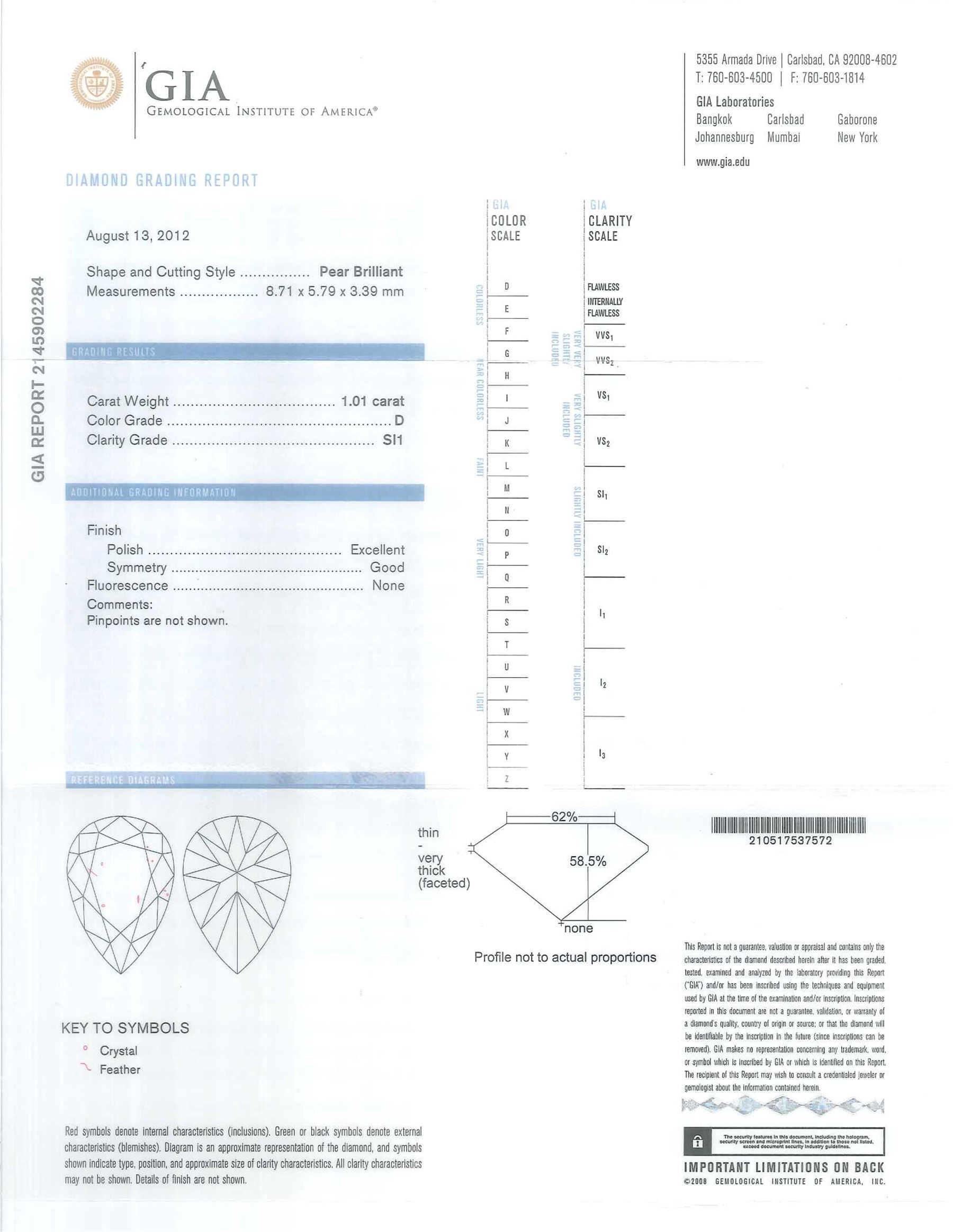 Pair of platinum diamond pendant earrings, each stud set with two pear cut diamonds, of 1.01 carat, 1.02 carat, 0.30 carat and 0.32 carat, spaced by a round brilliant cut diamond, total diamond weight 2.65 carat, each pear cut with a GIA certificate