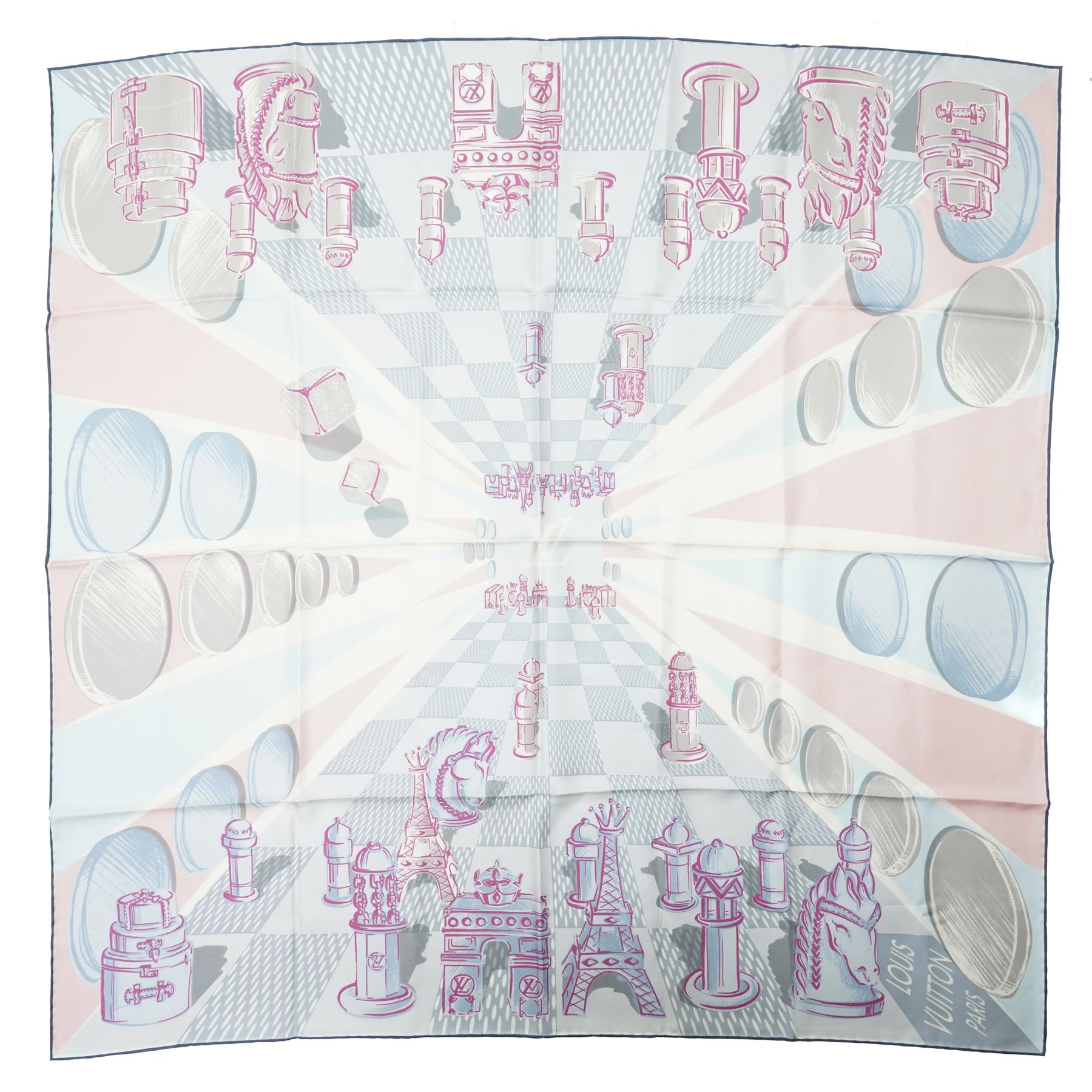 Louis Vuitton silk carré scarf, the multicolour design featuring stylised chess pieces and Parisian monument motifs over a Damier ground, with tonal LV monogram to the centre, signed Louis Vuitton Paris, 89cm x 89cm