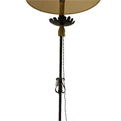 20th century metalwork standard lamp, twist stem on three scroll work supports