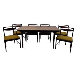 Tom Robertson for McIntosh of Kirkcaldy - mid-20th century 'Dunfermline' dining table, rectangular top with double concealed integral leaf, raised on tapered supports; complete with set of six (4+2) McIntosh dining chairs