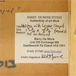 Barry De More (Yorkshire 1948-2023): 'Halifax with Square Chapel', oil and impasto on board signed titled and dated 2013 verso 16cm x 27cm
Notes: Acclaimed as one of the North's greatest expressionist artists, Barry De More (1948-2023) used a heavy impasto style to transfer his love of Yorkshire landscapes, townscapes and people to canvas. His work sits comfortably in the company of work by Kossoff and Auerbach, selling to collectors in the UK and overseas. De More's work can be found in the permanent collection of work by Northern Artists at Dean Clough, one of the UK's largest contemporary art galleries.