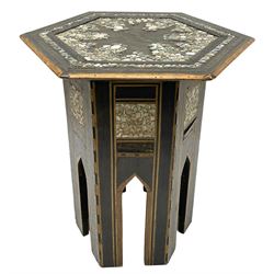 Early 20th century Anglo-Indian hexagonal table, the top decorated with mother of pearl beads and chequered banding, the base with fretwork pointed arches and inlays
