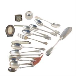 Collection of silver cutlery, including butter knife, apostle spoons, forks, etc, all hall...