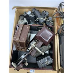 Various vintage cameras, projectors and other similar items including 'Kodatoy' universal model projector, 'AGFA Isolette II' camera, 'G.B. - Bell & Howell' 624 8mm, Chinon 7x50 field 7.1 vintage binoculars etc, in two boxes, all untested 
