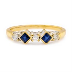 9ct gold sapphire and diamond ring, two square cut sapphires spaced by three round brillia...