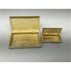 Two carved bone boxes, the hinged carved with scrimshaw style decoration depicting ships at sea, largest example L10cm, D6cm