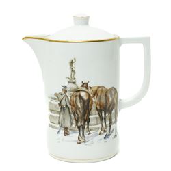 Nymphenburg coffee set painted with WWI military scenes after Hans Kratzer, comprising six coffee cans and saucers, coffee pot, cream jug and covered sugar bowl
