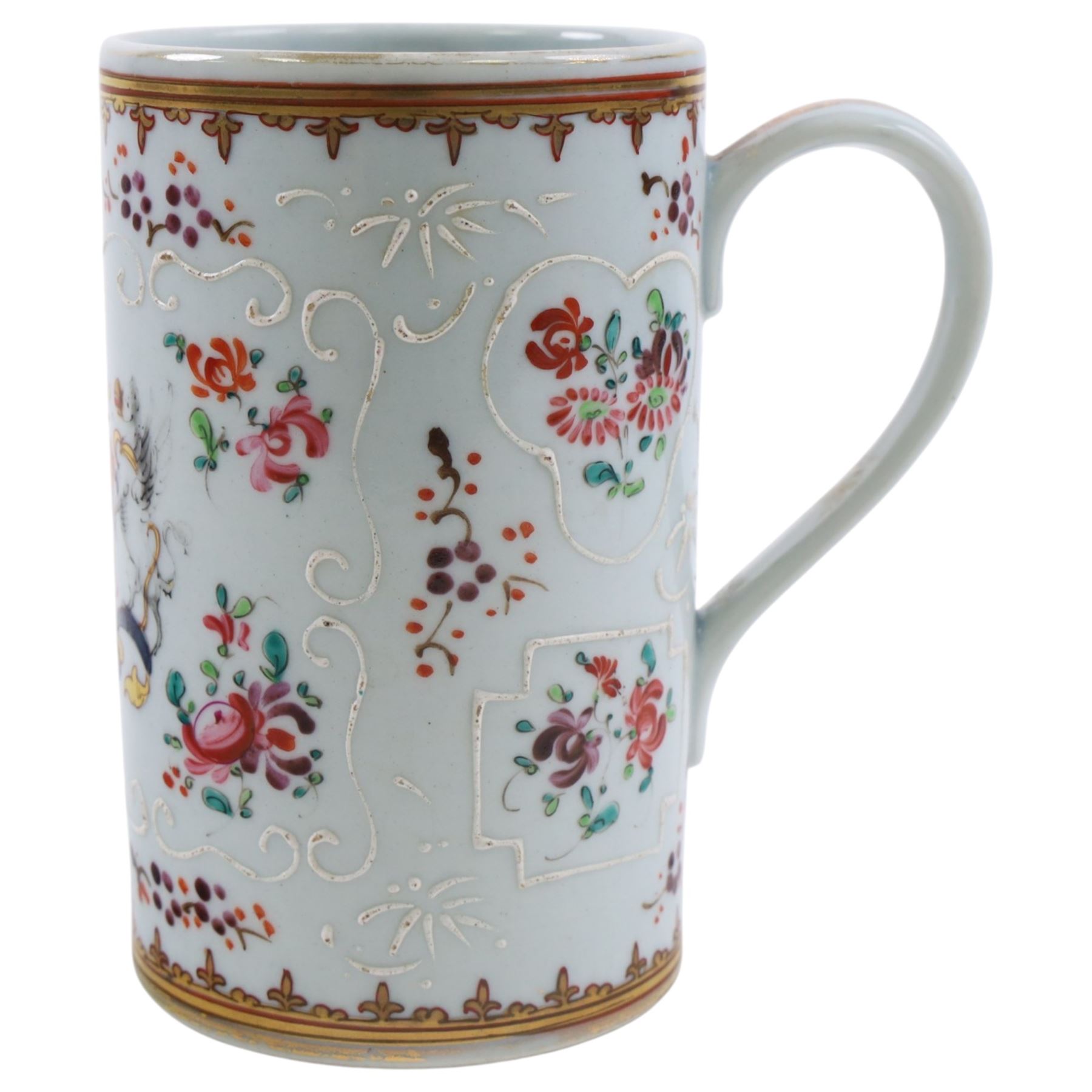 19th century German green glass stein, enamel decorated with a gentleman holding a stein, with a pewter lid, together with another smaller example decorated with a coat of arms and a Sampson style tankard