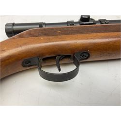.22 air rifle with break barrel action and 48cm barrel; no visible maker but marked 'Foreign' No.55951; fitted with 4x20 telescopic sight L109cm overall