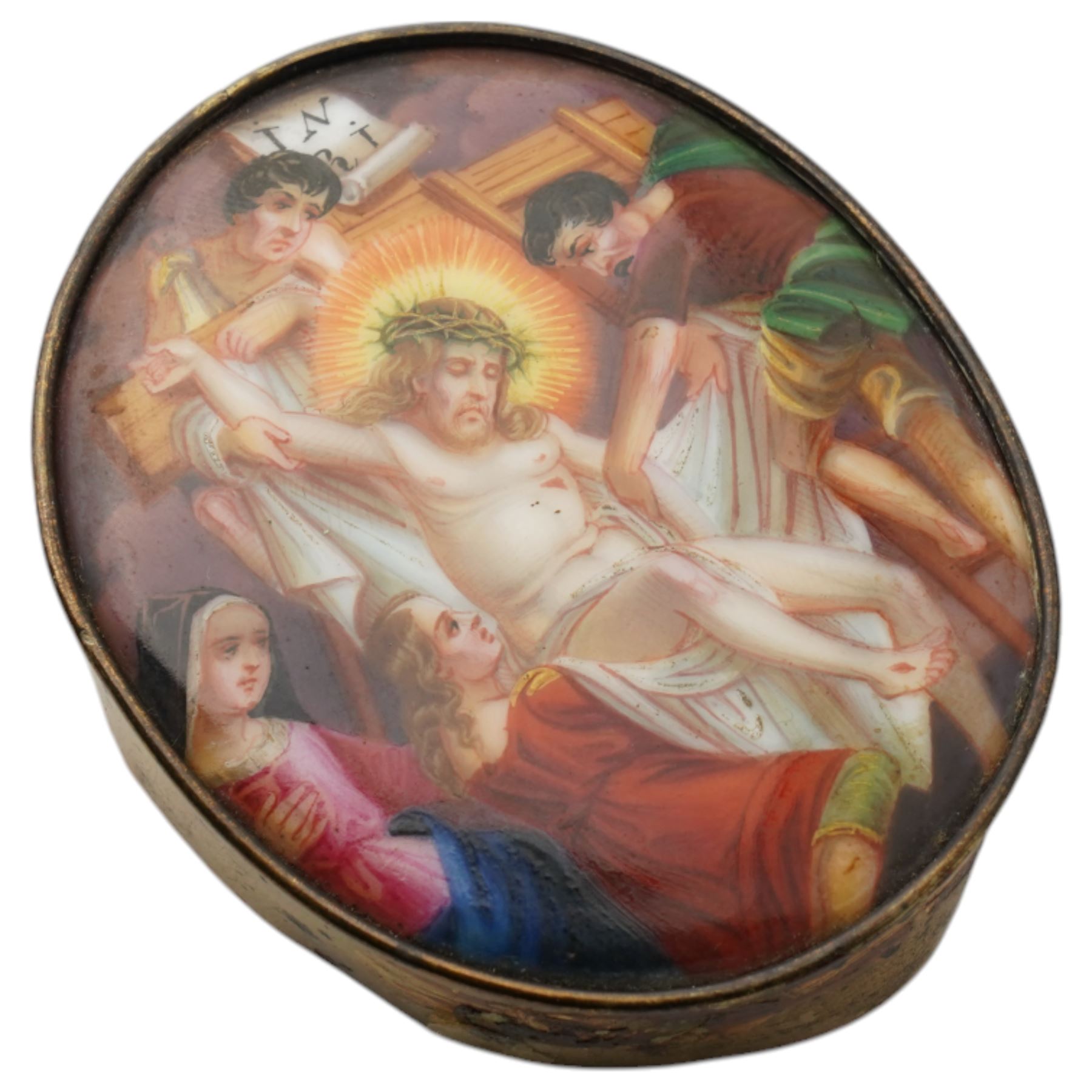 Painted enamel depiction of Jesus, in brass surround, together with a pair of gold plated faux tortoiseshell rimmed spectacles, in glasses case