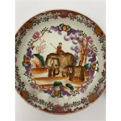 18th Century Chinese export tea bowl and saucer, decorated in the Famille Rose pallet with figures and elephants, tea bowl D8.5cm, saucer D13.5cm