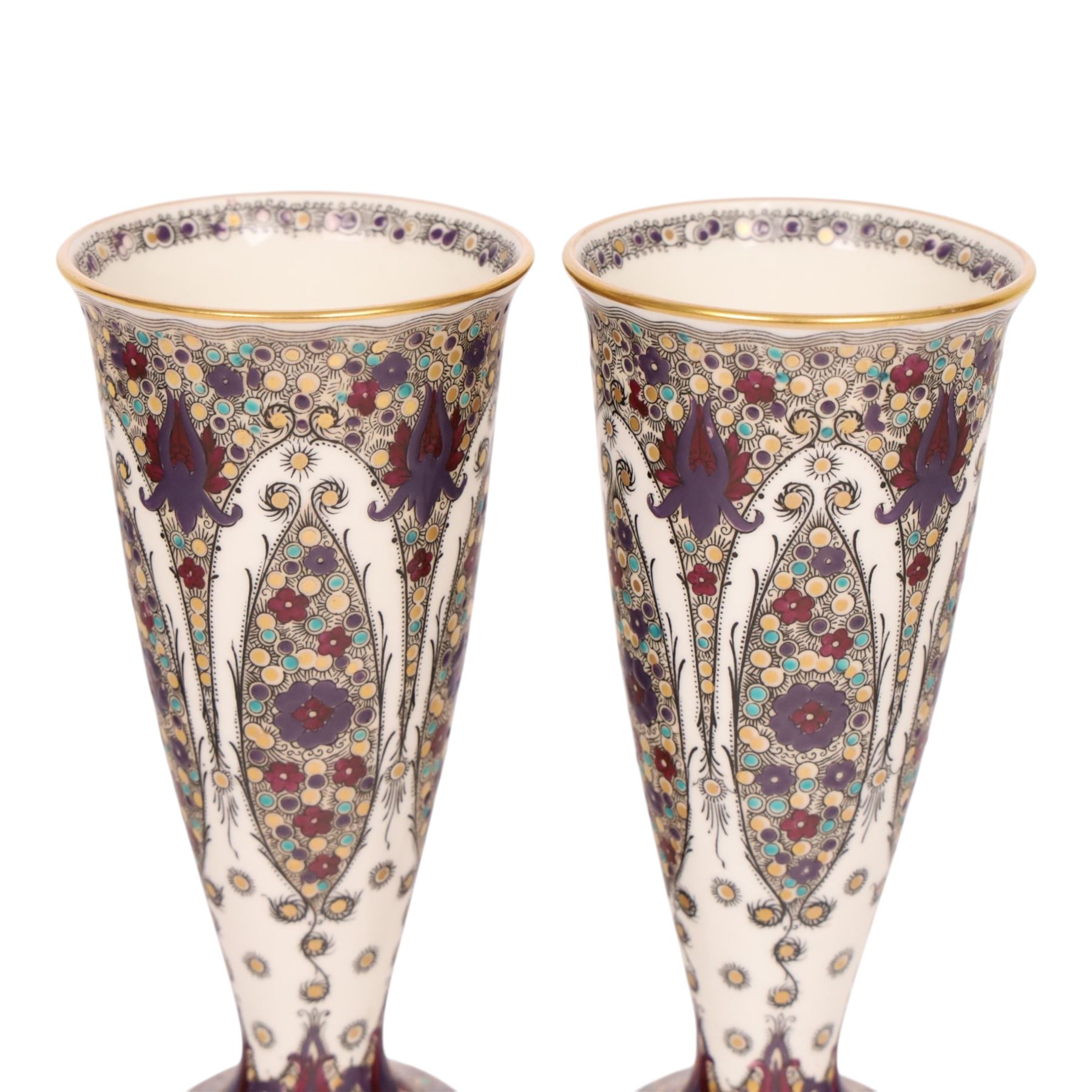 Pair of early 20th century Royal Worcester shape 2601 vases, painted with peacock feather design, marked in puce to base H16.5cm 