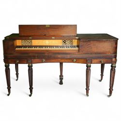Early 19th century George IV Square Piano by William Rolfe & Co, 112 Cheapside, London, c1821. Mahogany veneered case with rosewood crossbanding and brass stringing, with sustain pedal and reeded legs on a tapered spiral with brass capitals, with three music draws beneath and a folding duet music stand, nameboard with makers name on a round gilt medallion and open silk backed fretwork to the ends, serial No 6699, double strung, English double action with 68 ivory and ebony keys, F1-C7. original strings, hammers and dampers, soundboard and bridge in good condition, with original makers written instructions on regulating the action and tuning the piano attached to the inside of the instrument. In good condition, however the action is in need of regulation and tuning.
William Rolfe is thought to have been in business between 1785 and 1828. 
Given the intricate nature of these historic instruments, specialist support will be available if required, to assist successful buyers with safe removal and onward handling. Price upon application.


This item has been registered for sale under section 10 of the APHA Ivory Act Reference PB6GL6SZ