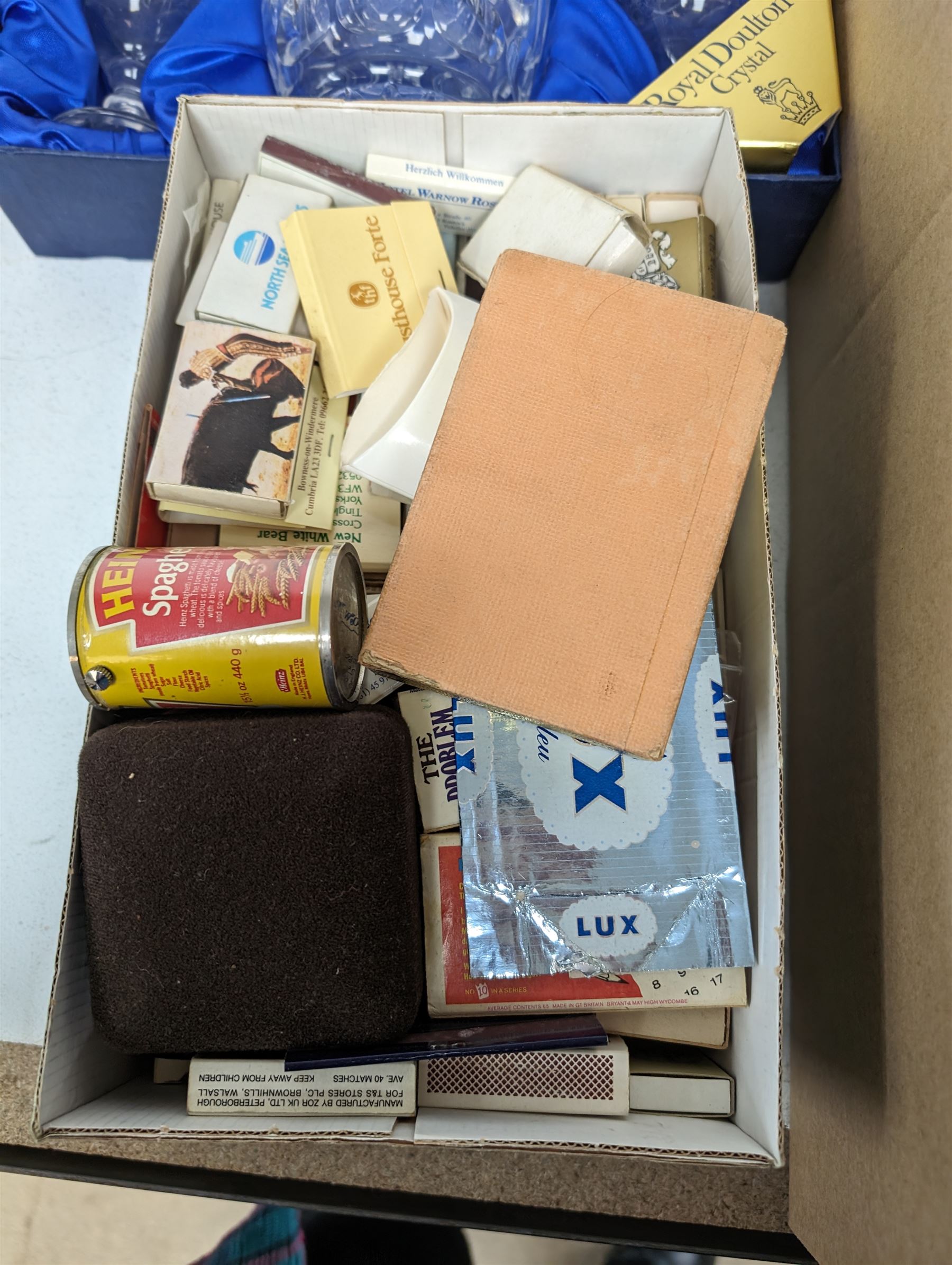 Royal Doulton Heinz Centenary decanter set, boxed, modern games compendium, RMS Queen Mary book and a 1937 Coronation souvenir book, together with matchboxes, cigarette cards, costume cufflinks and other collectables, 