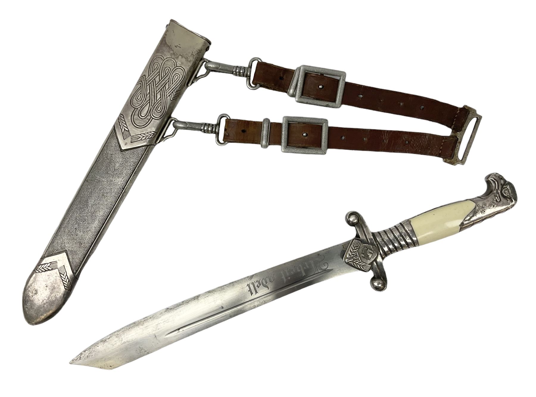 German Reichsarbeitdienst RAD Leader's Hewer dagger, the 26cm single edged scimitar shaped blade with narrow fuller, etched Arbeit adelt; by E.D. Wusthof, Solingen; the aluminium hilt with spade and wheat ear langet; two piece white plastic grip and eagle head pommel; pebbled steel scabbard engraved with ears of wheat and strapwork with double leather hangers L40cm overall