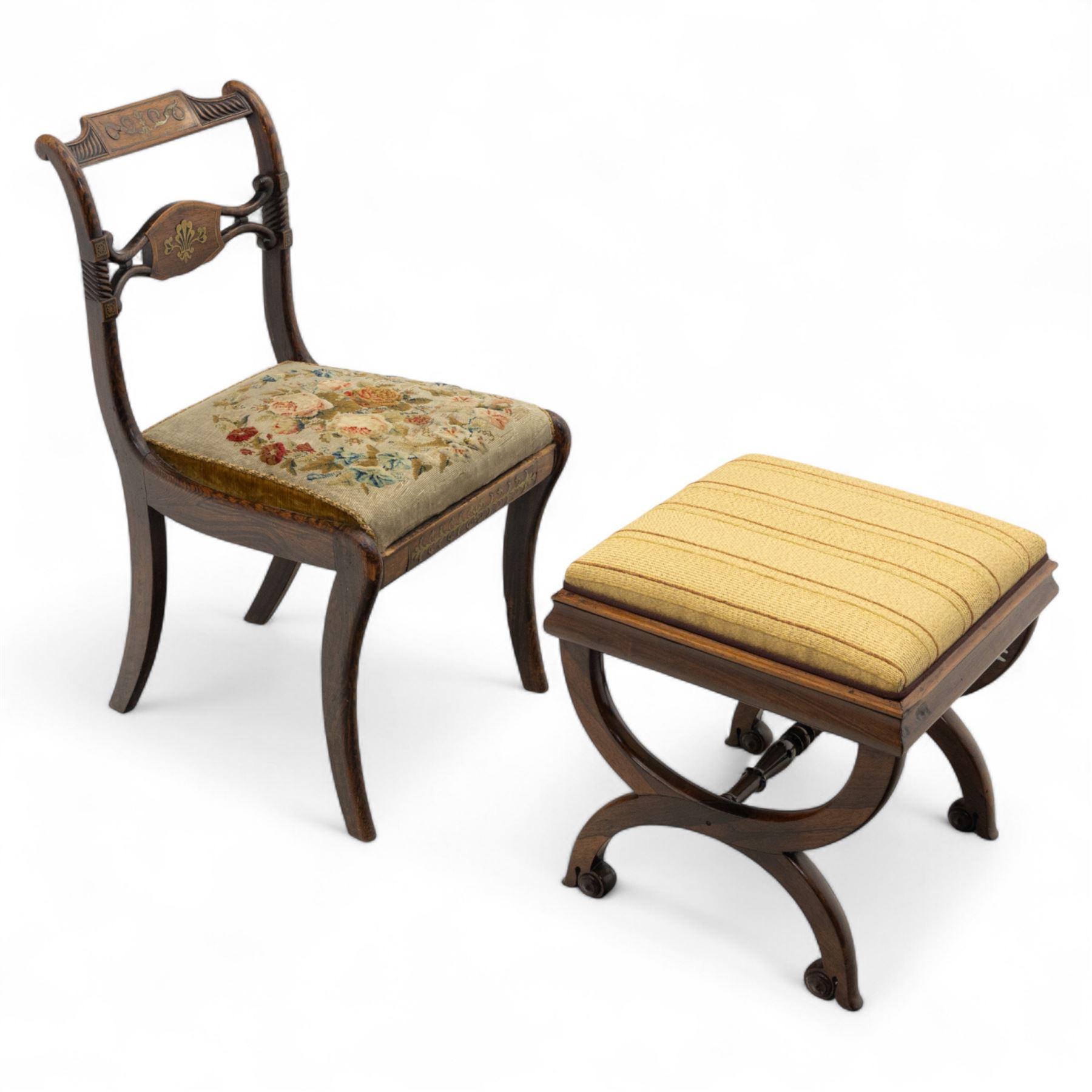 William IV X-frame rosewood stool with upholstered drop-in seat and a Regency simulated rosewood and brass inlaid dining chair with drop-in seat worked in floral needlepoint, W43xD43xH43cm & W46xD40xH79, (2)
