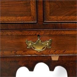 William and Mary design 18th century walnut and yew wood dresser or console table, rectangular canted top with feather banding and moulded edge, over two long and three short cock-beaded drawers, flanked by chamfered uprights above a shaped and cock-beaded apron, raised on six turned and tapering supports united by a shaped box stretcher, on lobed feet 