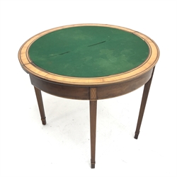 George III inlaid and cross banded mahogany demi-lune card table, folding top enclosing green baize, square tapering supports, W92cm, H76cm, D46cm 