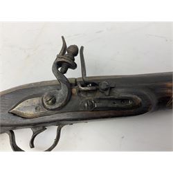 RFD ONLY - Reproduction flintlock pistol, the full walnut stock with brass filigree inlay and mounts and skull crusher butt L46cm; no visible proof marks