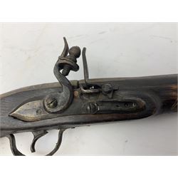 REGISTERED FIREARMS DEALERS ONLY - Reproduction flintlock pistol, the full walnut stock with brass filigree inlay and mounts and skull crusher butt L46cm; no visible proof marks - Disposed 25.06.25 - Notified 24.07.25