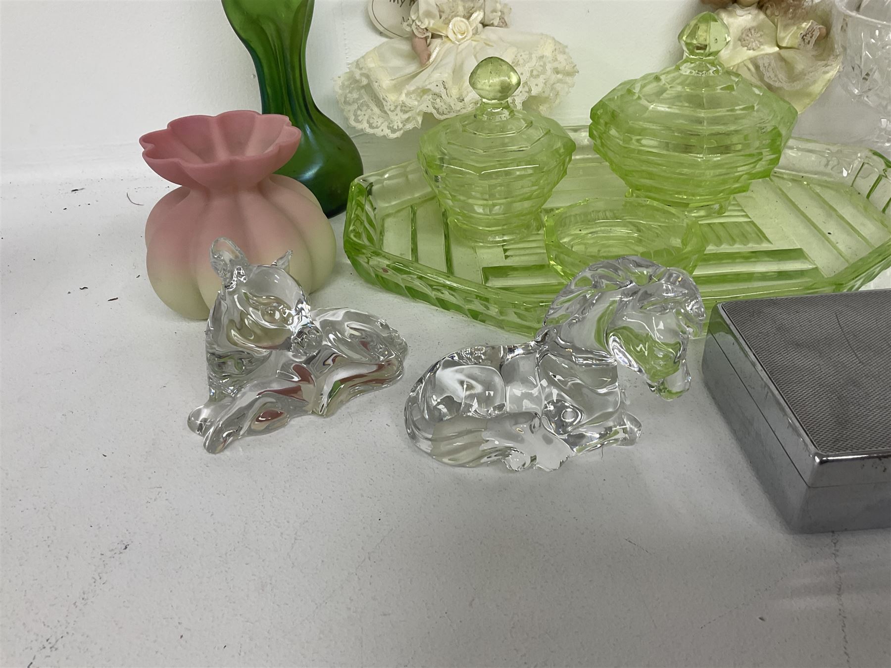 Uranium glass dressing table, bleikristall horse figures, dimple vase with silver collar, etc 