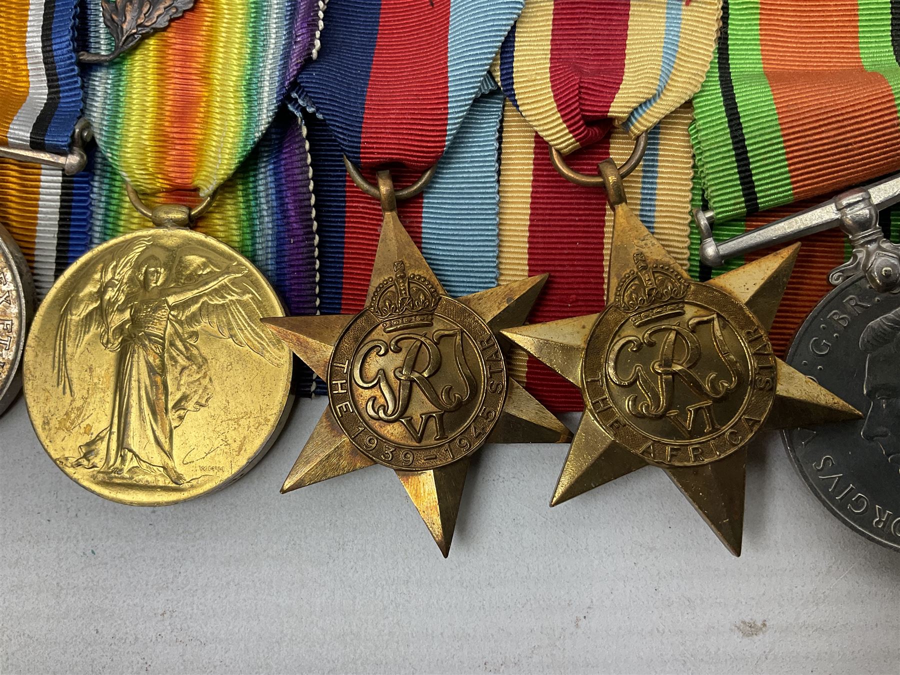 WW1/WW2 Military Cross group of eight medals comprising M.C., 1914 Star with 5th Aug.-22nd Nov.1914 clasp, British War Medal and Victory Medal with MID oak leaves awarded to Lieut. (later Lieut./Col) F.C. Davidson R.A.M.C., 1939-1945 Star, Africa Star with 1st Army clasp, 1939-1945 War Medal and Defence Medal; with single page copy of research material