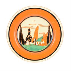 Clarice Cliff Orange Trees & House pattern side plate circa 1931, hand painted with a stylised tree and cottage landscape with orange and black banding, with printed mark beneath, together with a Clarice Cliff Spring Crocus pattern side plate, with printed mark beneath, largest D20cm  