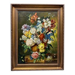 Agricola (Continental 20th century): Still Life of Flowers in a Vase and Bird's Nest, oil pn board signed 60cm x 45cm