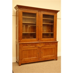  Grange Furniture Large French cherry wood display bookcase on cupboard, two glazed doors enclosing adjustable shelves, three drawers and two cupboards, W200cm, H230cm, D53cm  