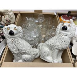 Three pairs of Staffordshire style dogs, together with a collection of other ceramics and glassware, in three boxes 