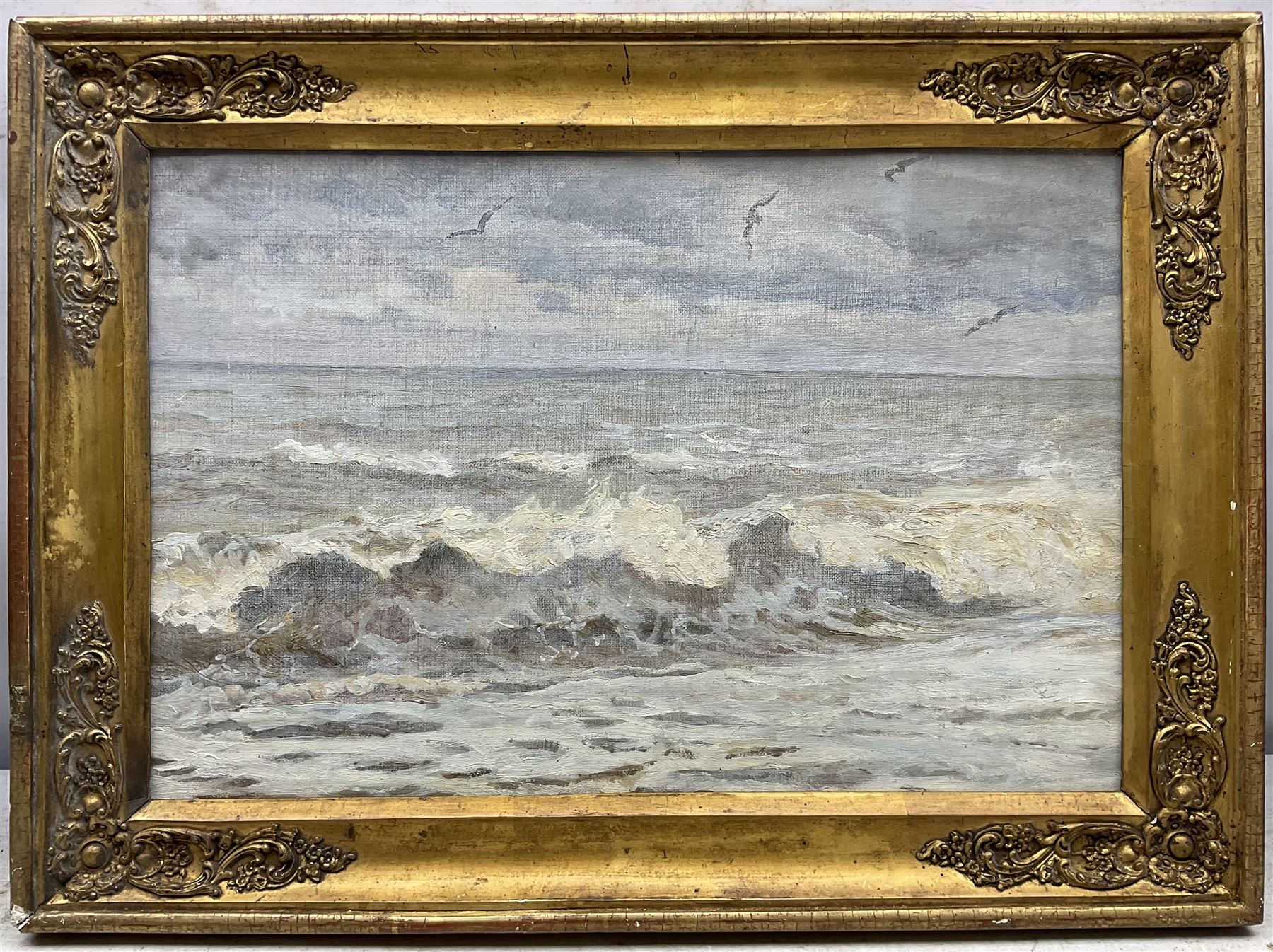 Dame Ethel Walker DBE ARA (British 1861-1951): Seascape Study with Seagulls, oil on canvas laid on board unsigned, old attribution and title label verso along with Whitley Bay framer's label 26cm x 39cm 
Notes: probably a view at Robin Hood's Bay, where Walker had a cottage.