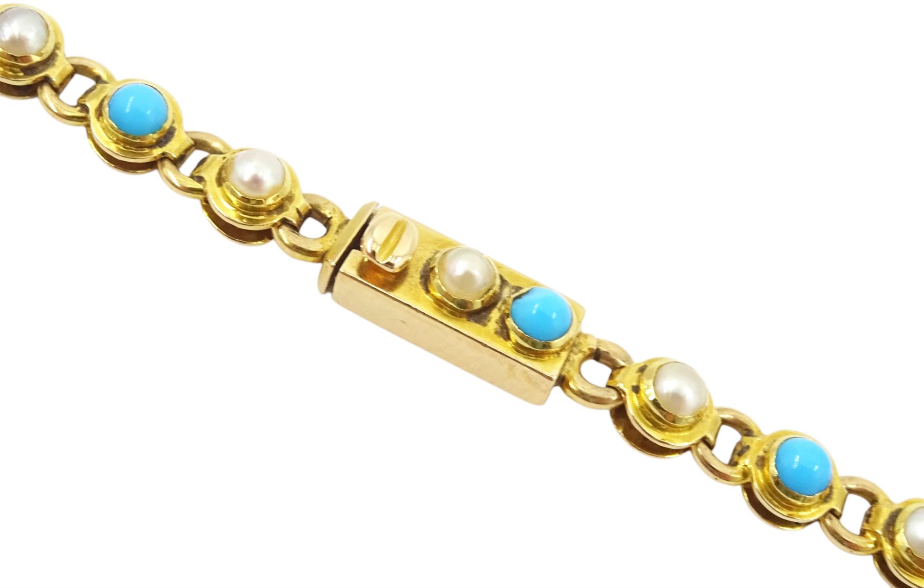 Early 20th century gold split pearl and turquoise necklace, stamped 15ct, in velvet and silk lined box by London & Ryder, New Bond Street